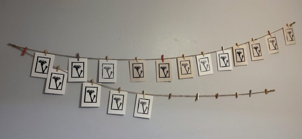 A string of drying flower prints in black in hangs in a zig zag pattern along a blank wall