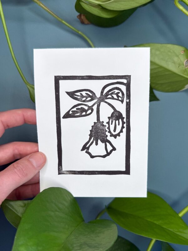 A black ink print of a clammy groundcherry flower on a white card is held by a hand above a green background with a plant