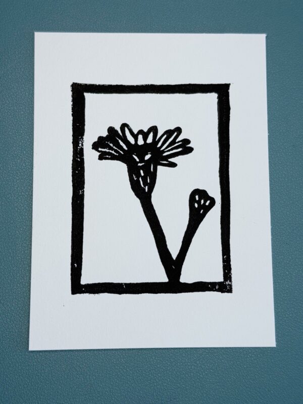 Marsh Aster print 2 A black ink print of a marsh aster flower on a white card on a green background.