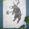 Aardvark Lokta plant A black ink Aardvark on natural Lokta paper on a green background with a plant