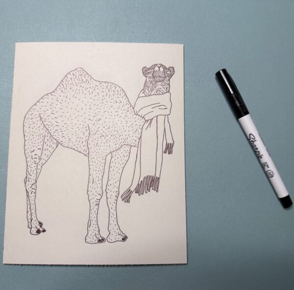 Camel lino transfer A camel image on a piece of linoleum with a Sharpie pen on a green background.